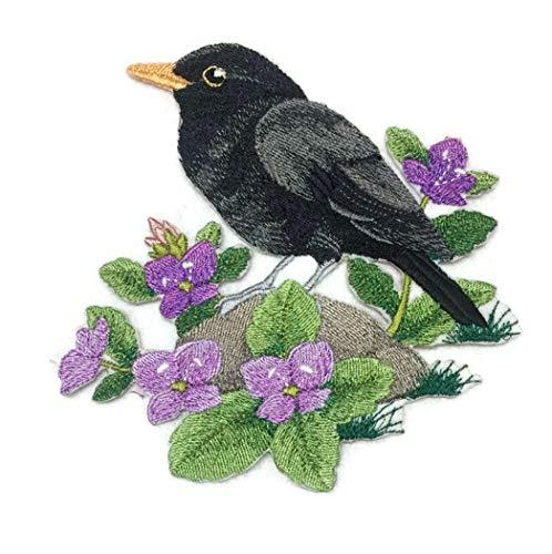 British Blackbird and Brooklime embroidered patch, showcasing intricate details and vibrant colors, perfect for iron-on or sewing applications.